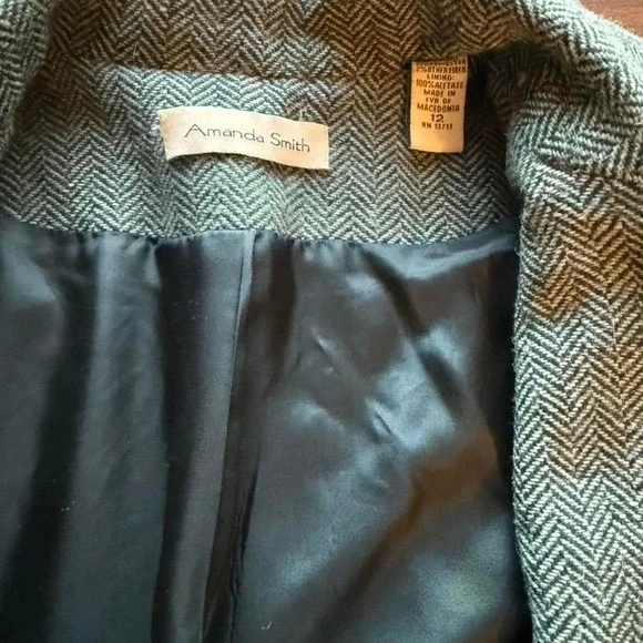 VINTAGE TIMELESS AMANDA SMITH SAGE GREEN HERRINGBONE WOOL  TRENCH COAT WOMENS 12 - Picture 4 of 7